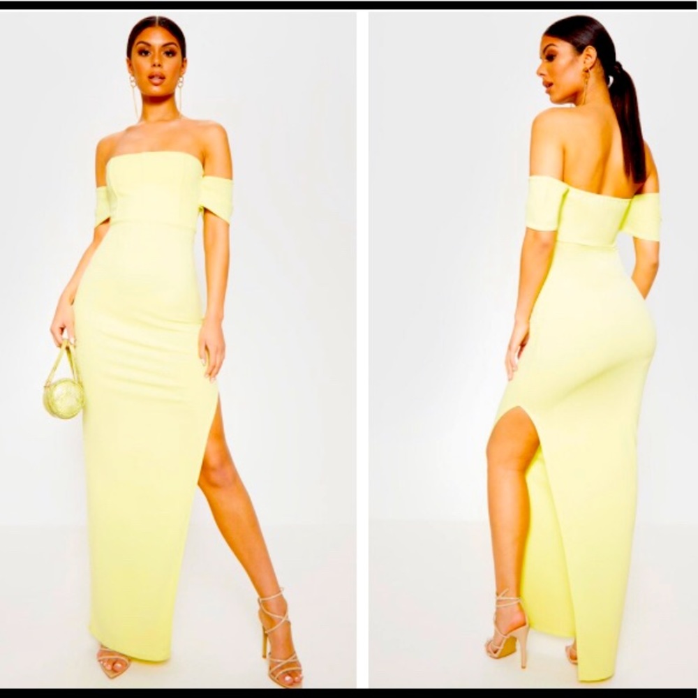 PrettyLittleThing Lime Bardot Split Leg Maxi Dress, Size S/M